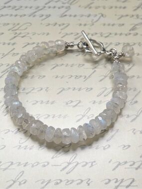 Handcrafted Faceted Rainbow Moonstone Beaded Toggle Bracelet Sterling Silver